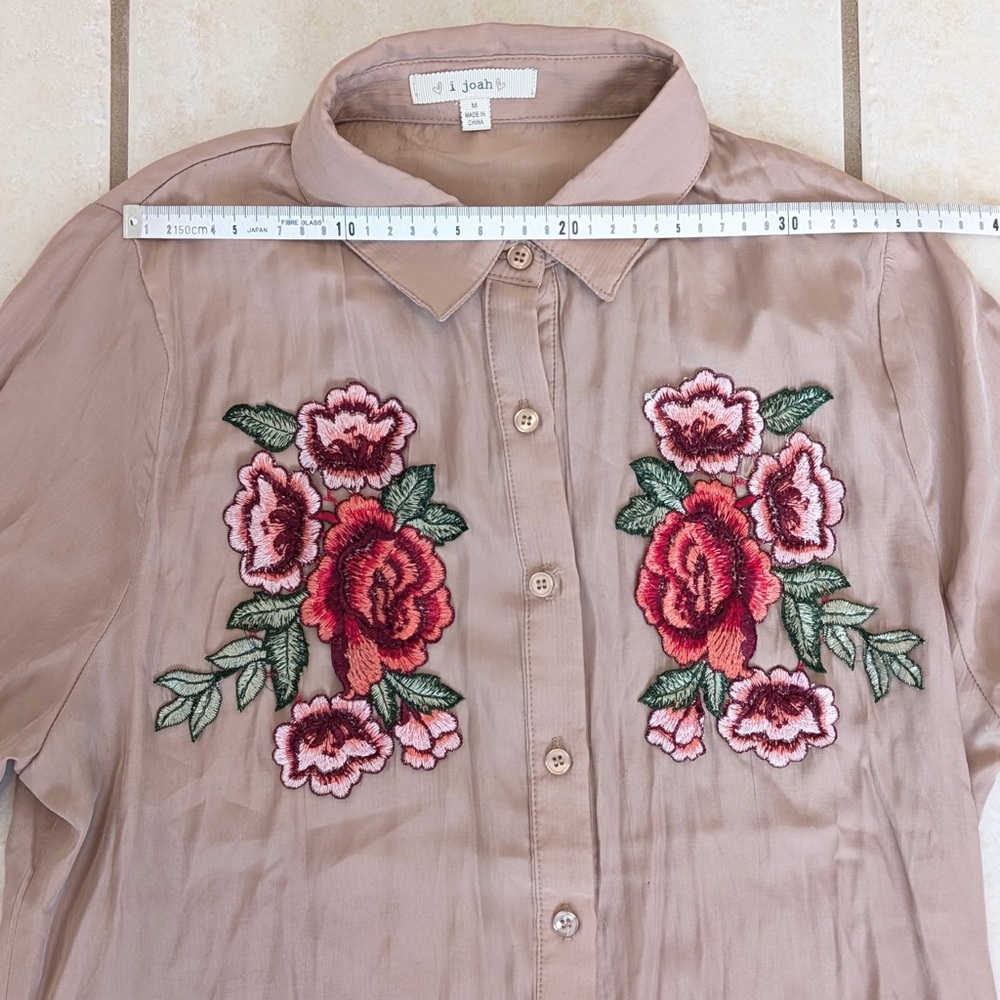 Size M I Joah Tan Embroidered Floral Rose Collared Shirt Dress Bohemian Western - Picture 6 of 16